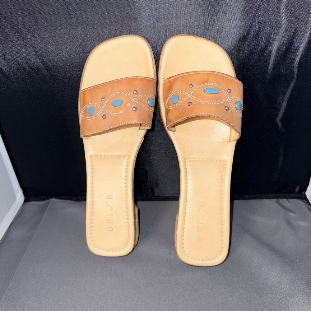 Unisa TONKA Slide Sandals Women’s 7B Chunky Heel Brown Leather Beaded Spain